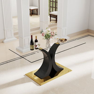Modern Glass Dining Table, Tempered Glass with Double-C Metal Base for Kitchen, Dining