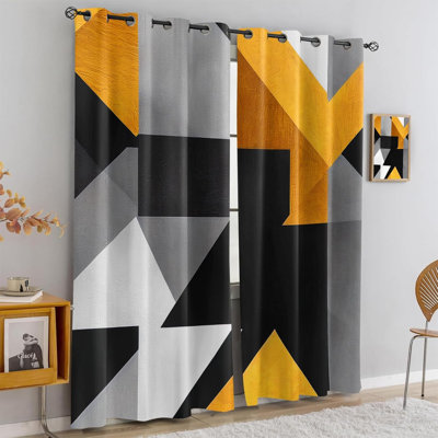 Ensemble de rideaux noirs et gris à motif triangulaire pour chambre à coucher, ensemble de rideaux de fenêtre à fond irrégulier abstrait jaune avec 2 panneaux isolants et isolants, pour la chambre de bébé (l 31,5 po x L 63 po) x 2
