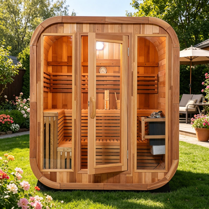 4-6 Person Outdoor Red Cedar Sauna Cabin with 9kW Heater, Square Backyard Home Spa
