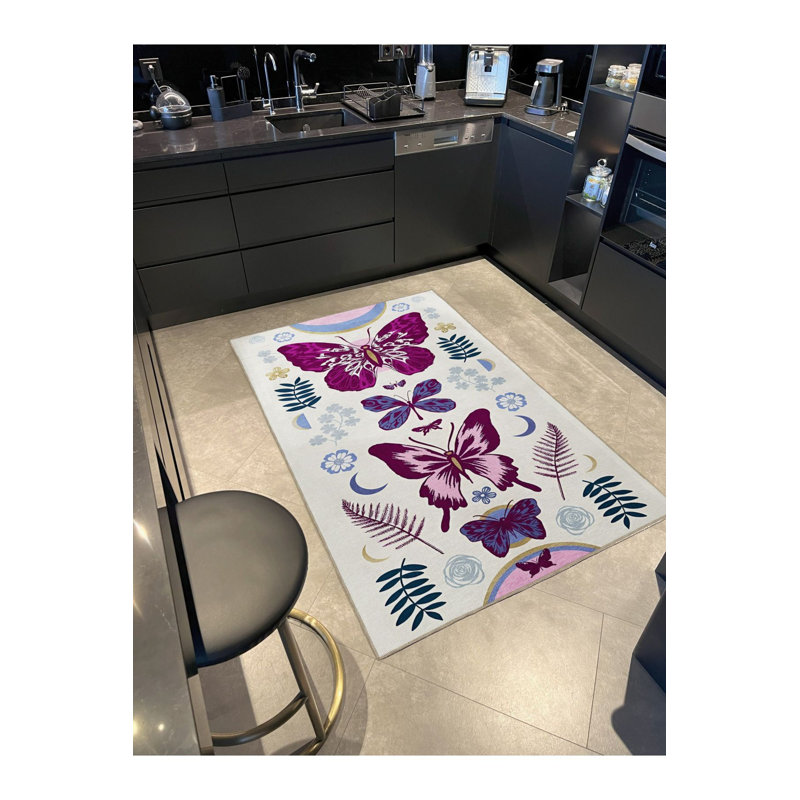 Tapis décoratif moderne mauve à motif de papillons et de fleurs, Sous-tapis rectangulaire 2 pi 4 po x 3 pi 11 po