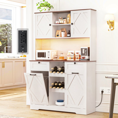 71" Tall Pantry Cabinet With LED Light & Charging Station, 12.5 Gallon Double Trash Cabinet With Storage, 47.2" Wide Kitchen Hutch Cabinet With Microw by Latitude Run