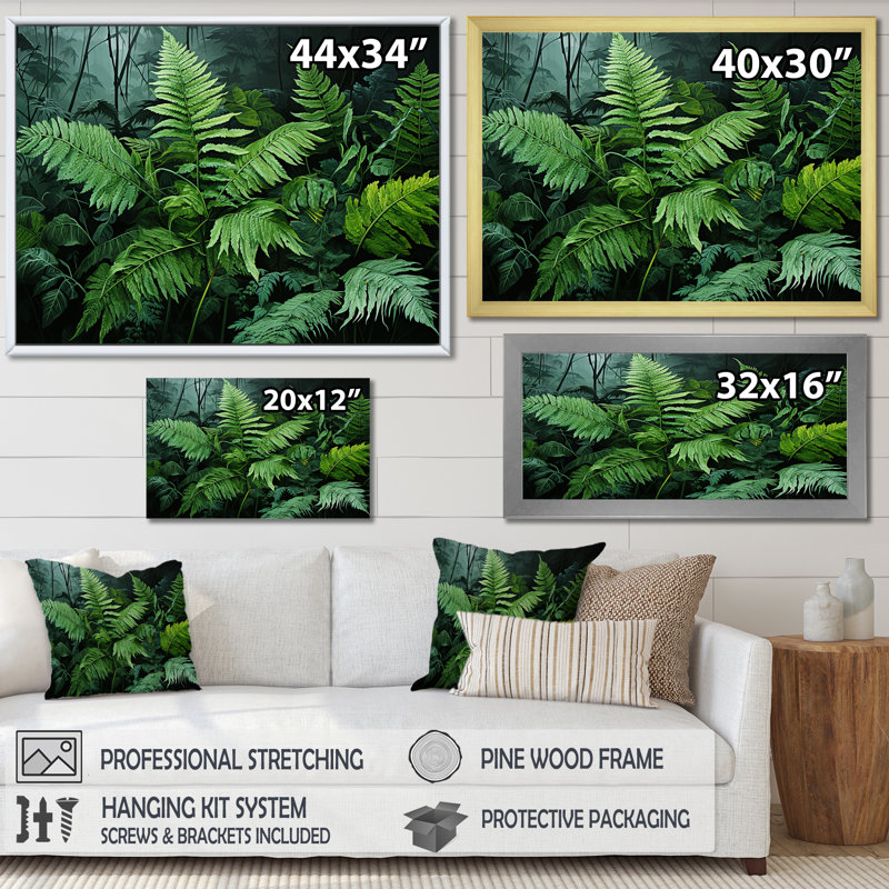 Fougères vertes émeraude II - décoration murale plantes, Toile tendue, H 12 po x l 20 po x P 1 po