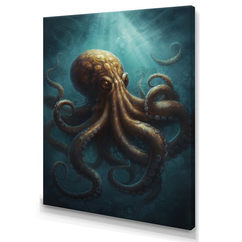 Pieuvre brune et bleue sous la mer sur toile, H 32 po x l 16 po x P 1 po, Toile tendue
