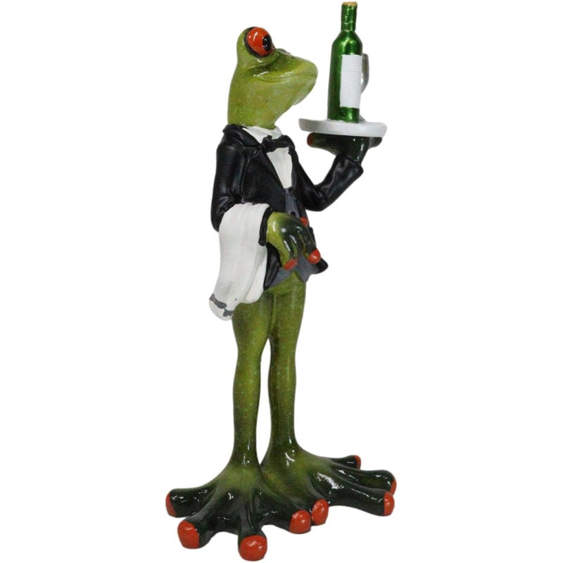 Figurine de service verte avec crapaud vert avec verre à vin et bouteille