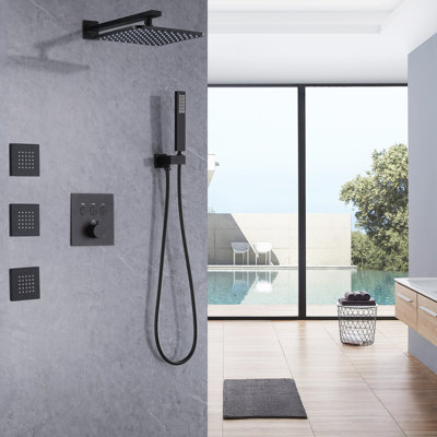 Solid Brass Thermostatic Shower System, 10 Inch Shower System with Body Sprays Jets with Rough-in Valve