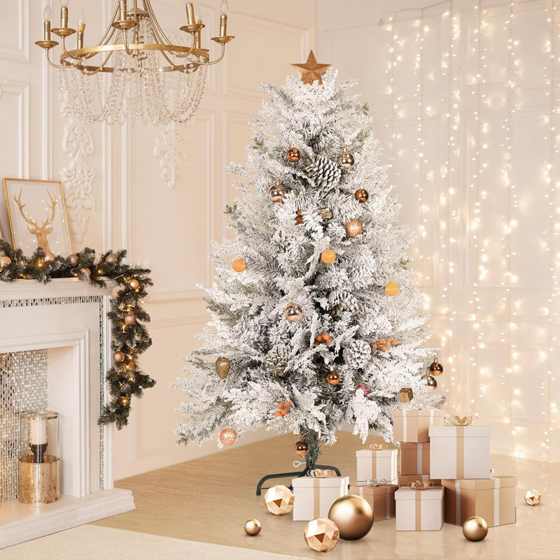 Arbre de Noël artificiel de qualité supérieure, pin à charnière enneigé avec 800 branches de flocon de neige et support en métal massif pour la décoration des Fêtes à l'intérieur et à l'extérieur, vert