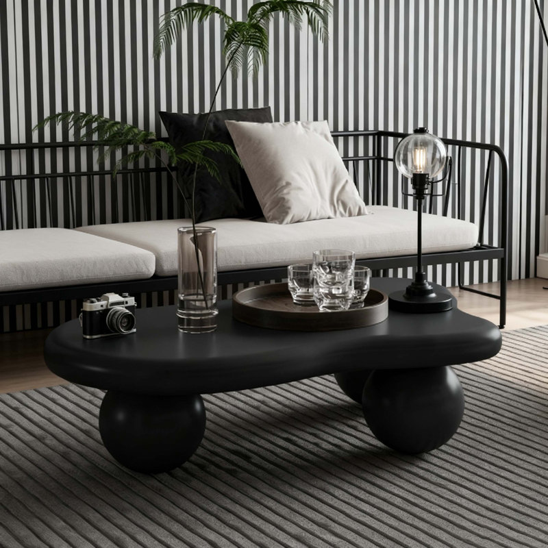 Table basse de 40 pouces en forme de nuage avec 3 pieds sphériques pour le salon, noir, Noir, Noir