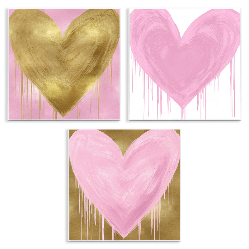 Glam Paint Drip Hearts Design Pink Gold Shapes par Lindsay Rodgers - ensemble de 3 impressions