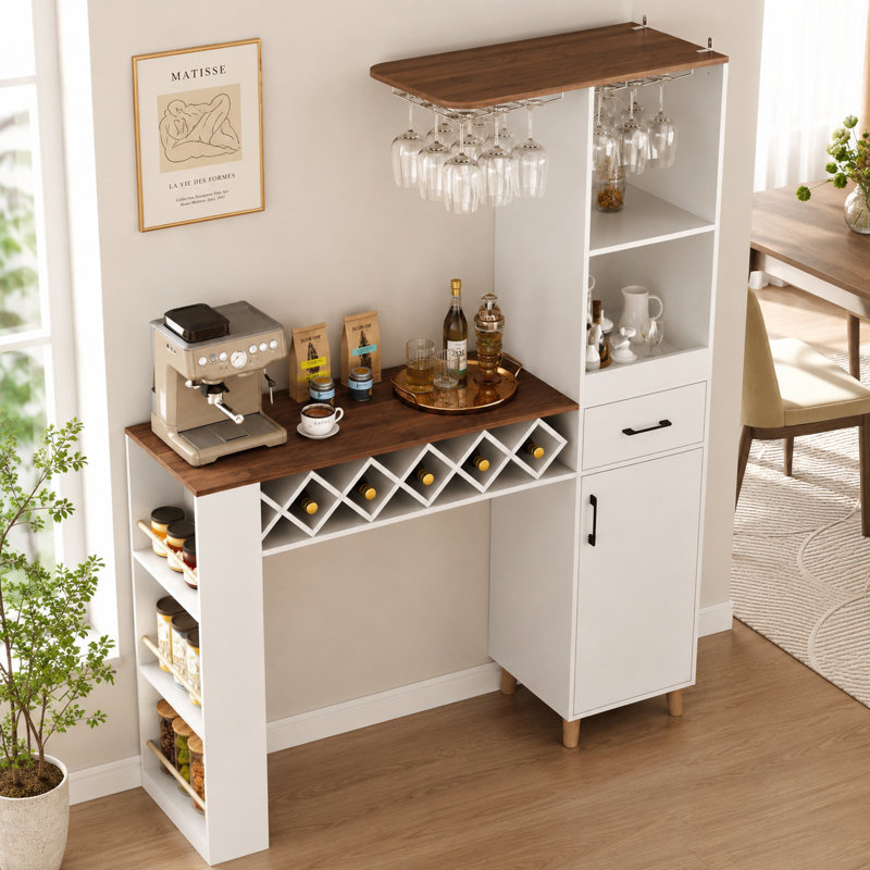 Meuble-bar UNAFLOR avec table à manger, 6 porte-verres, casier à vin amovible et tablettes latérales, Blanc