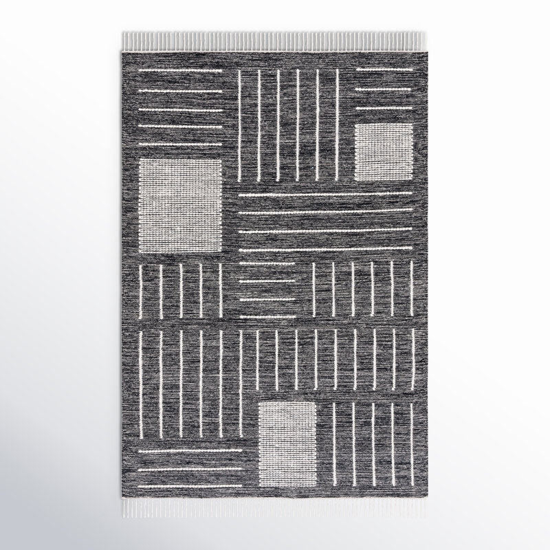 Flore Geometric Handmade Kilim Wool/Cotton Area Rug in Black/Ivory, Rectangle 3' x 5'