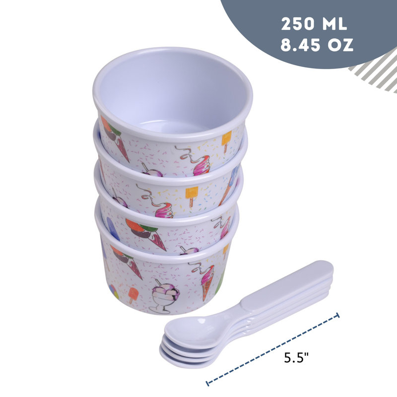 White Melamine Ice Cream Cups with Spoons Set for 4 Guests