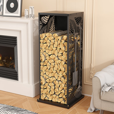 Support à bûches décoratif haut, porte-bûches en métal noir pour intérieur et extérieur, avec 4 crochets pour accessoires de foyer, organisateur vertical pour foyer, terrasse et jardin.