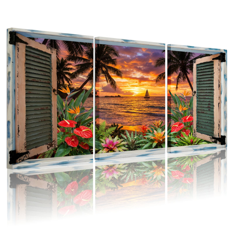 Paysage et nature, coucher de soleil tropical, vue sur l'océan à travers la fenêtre, H 18 po x l 36 po
