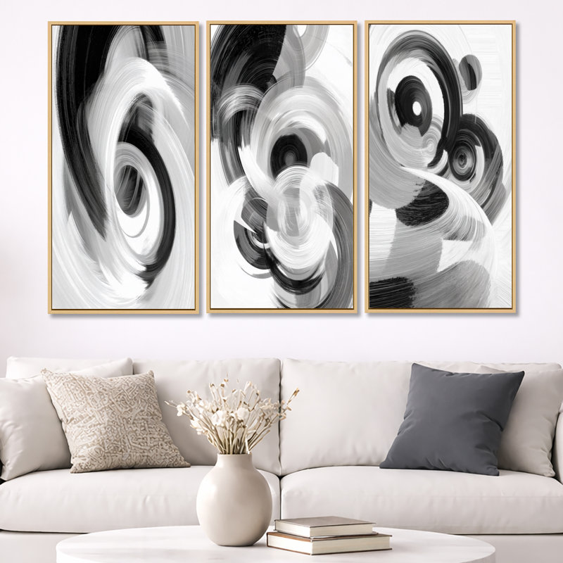 «White and Black Ink Spiral», ensemble de 3 toiles abstraites sur toile, H 32 po x l 48 po, Natural Wood Floater Framed