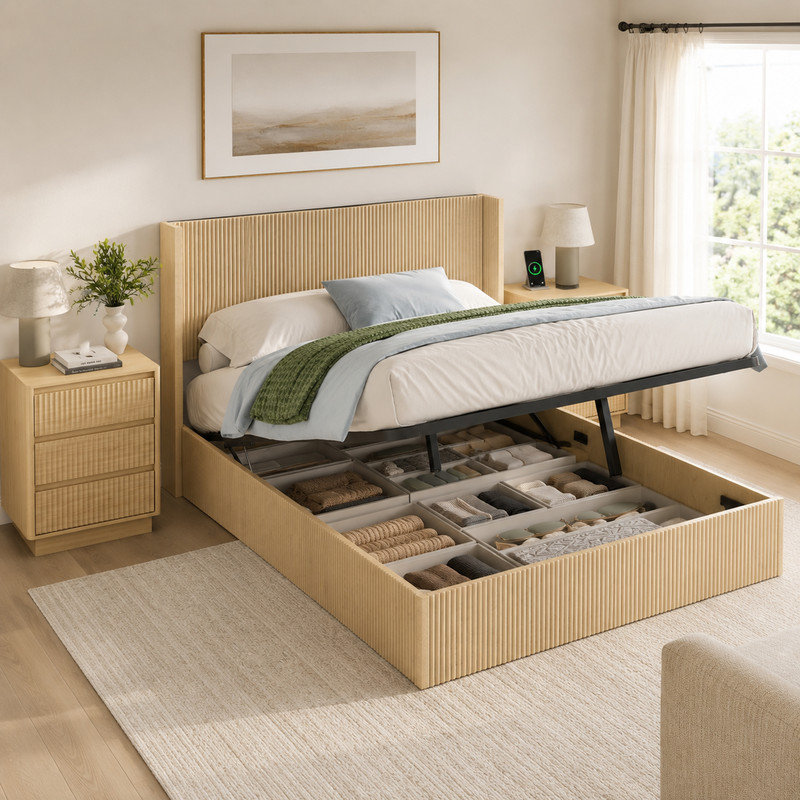 Ensemble de chambre à coucher 3 épices, base de lit plateforme cannelée avec rangement relevable, ensemble de 2 tables de chevet avec station de charge USB C rapide