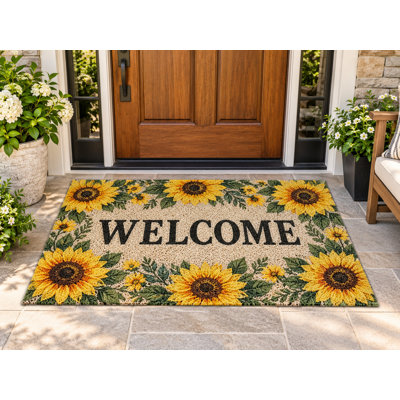 5' x 7' Outdoor Area Rug Sunflower Welcome Floral Heavyweight Solid Waterproof PVC Coil Loop Carpet, Heavy Duty Patio Rug, Quick Dry Indoor Outdoor Mat for Large Doormat Porch Deck Entryway