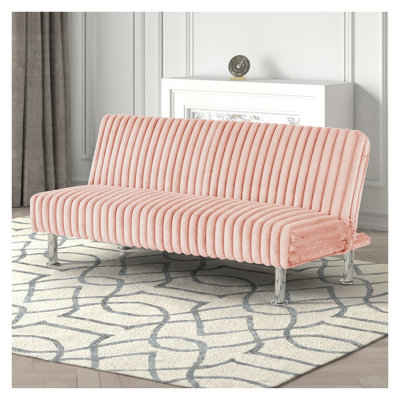 Canapé futon contemporain sans accoudoirs avec fonction de lit convertible, tissu rose et base en métal
