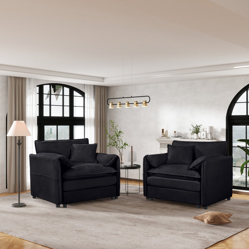 Deux fauteuils en chenille noirs surdimensionnés, confortables, avec siège superbe, fauteuil de lecture moderne pour le salon de la chambre à coucher, fauteuil d'appoint à deux couches de relaxation, fauteuil noir élégant, siège profond