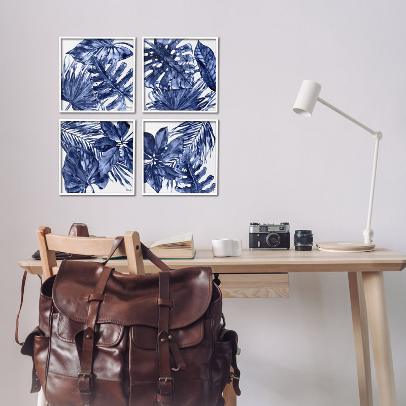 Ensemble de 4 giclées bleues aux feuilles de palmier bleues par Paul Brent, Giclée encadrée blanc bord de mer