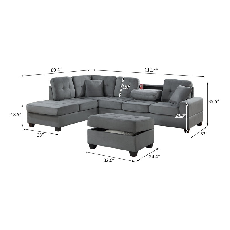 3-Piece Sectional Set W/ Ottoman, Gray Microfiber / Microsuede