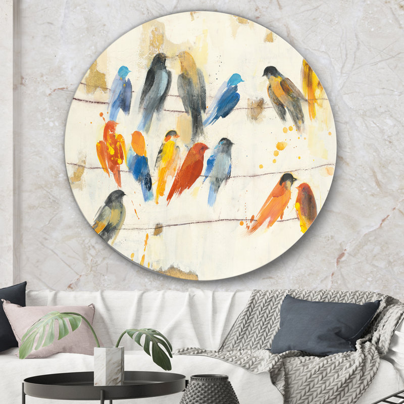 Multicolor Bird Meeting - Reproduction d'art en cercle métallique sur toile, H 11 po x l 11 po