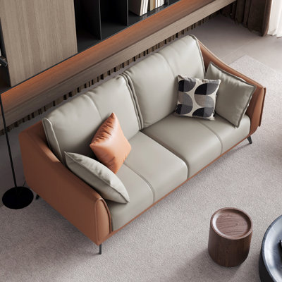 60" Elegant Faux Leather Sofa with Gray Cushions & Brown Frame,Modern Living Room Couch,Loveseat Sleeper Sofa(2-Seat)