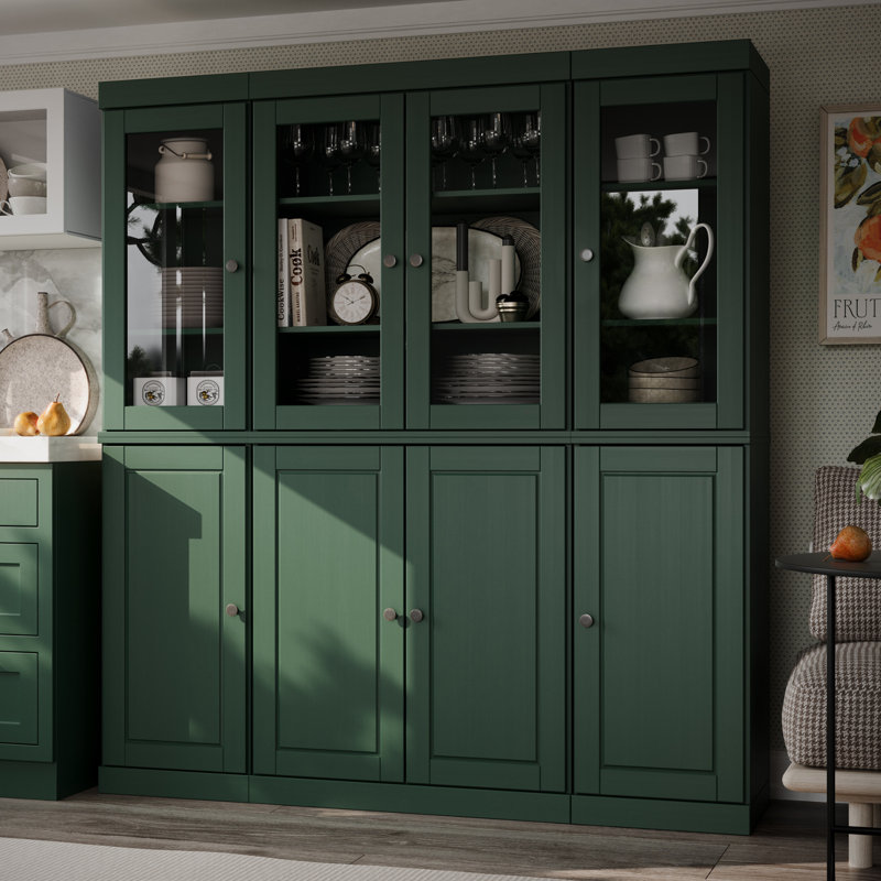 Grande armoire de cuisine en bois massif avec portes en verre Lodman, Vert