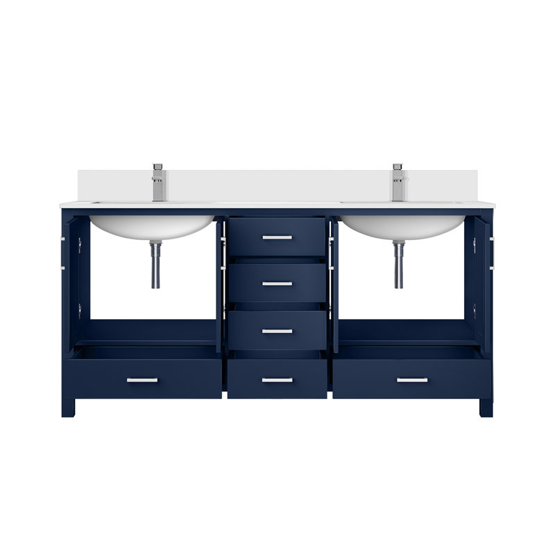 Double Bath Vanity with Quartz Top and Faucet Set, Navy Blue