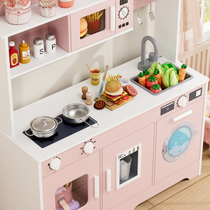 38.6"H Wooden Kitchen Play Set For Kids, Pretend Play Kitchen, Toodler Cooking Playset, Pink