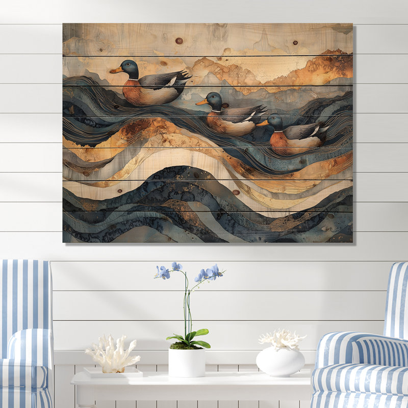 «Ducks Family At The Lake Landscape I» - Décoration murale animal en bois de canard - sur bois de pin naturel