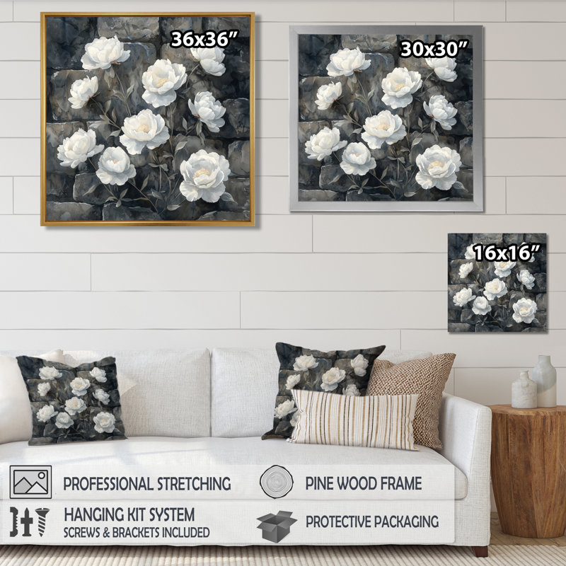 Monochromes de pivoines sur le rocher I - pivoines, art mural, H 30 po x l 30 po, Toile tendue, Ne s’applique pas
