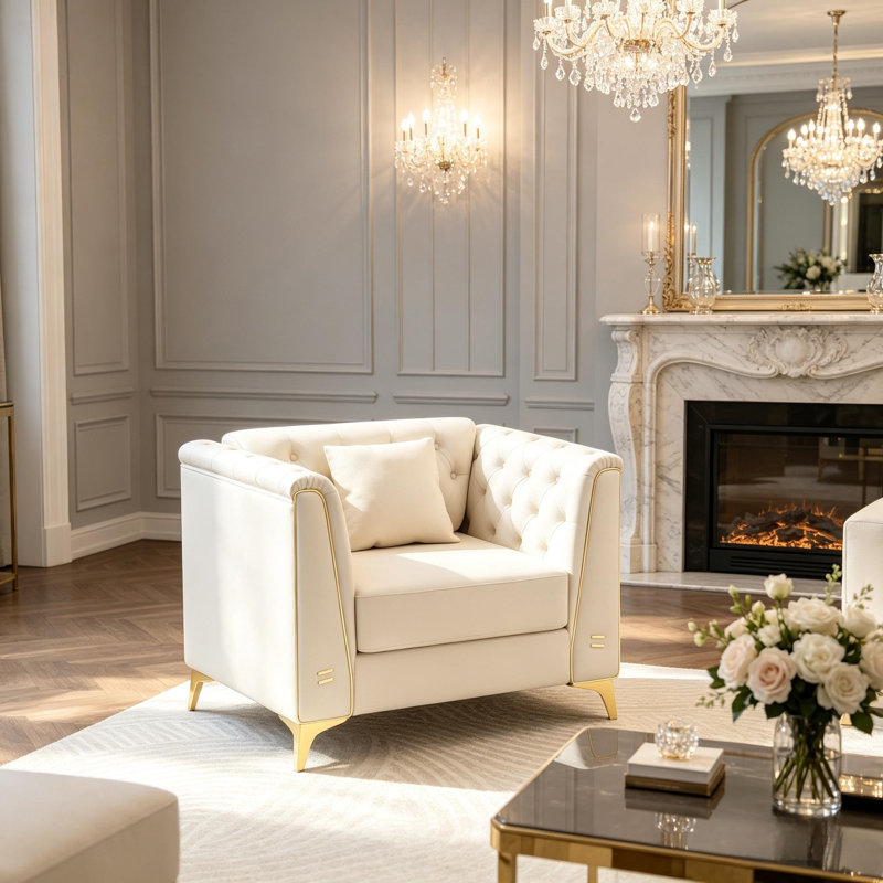 Canapé Chesterfield modulaire 40,2 "ou fauteuil d'appoint, capitonné à la main, Beige