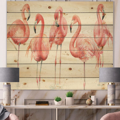 Flamant rose gracieusement gracieux - reproduction de campagne sur bois de pin naturel