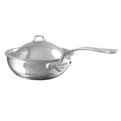 Mauviel M'elite Hammered 5-Ply Curved Splayed Saute Pan With Dome Lid, Cast Stainless Steel Handle, 1.1-Qt