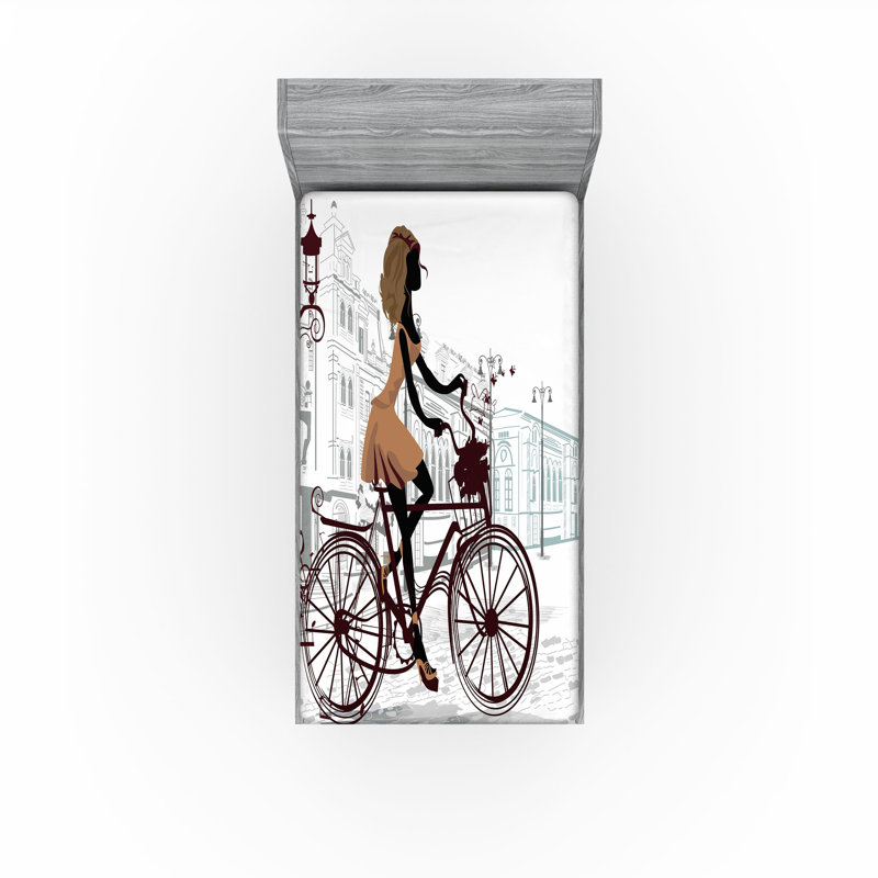 Ensemble de 2 draps-housse Ambesonne Paris avec vélo dans les rues - brun et brun châtaignier
