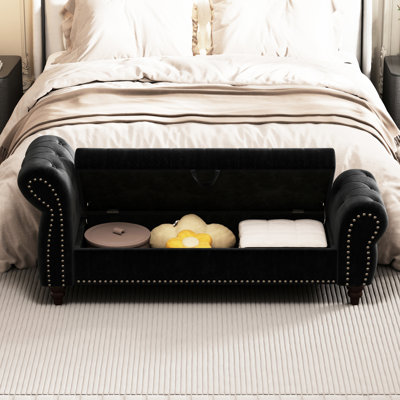 Banc de chambre 64,5 "en velours avec rangement divisé - Chaise longue noire