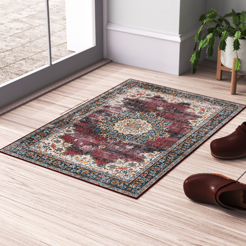 Tapis lavable ivoire et bourgogne tissé à la machine, Rectangle de 2 pi x 3 pi