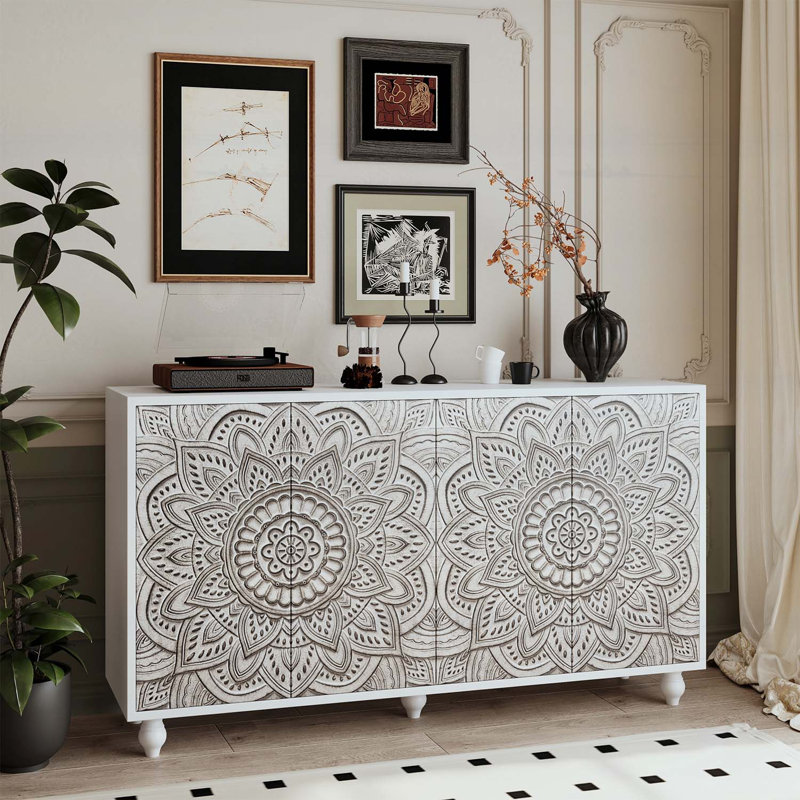 Buffet Boho Mandala 3D avec tablettes réglables, portes à pousser et pieds tournés en bois pour un décor de maison de campagne moderne
