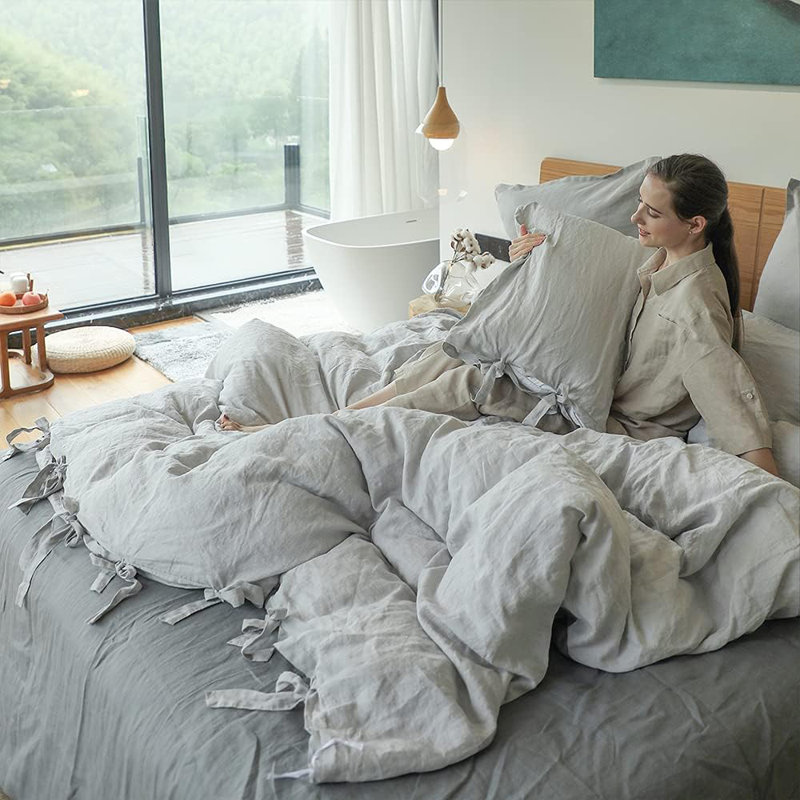 100% Linen Duvet Cover Set, 3 Pieces Belgian Flax Breathable Bedding,  (1 Comforter Cover+2 Pillowshams) With Tie Closure Style