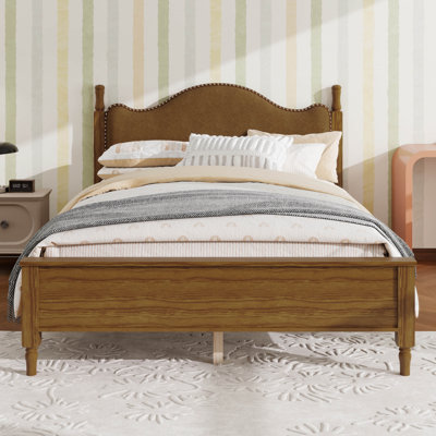 Cadre de lit en bois avec tête de lit courbée et capitonnée, lit plateforme moderne, tête de lit en similicuir