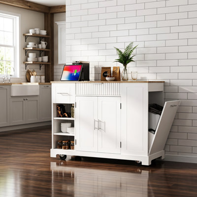 Îlot de cuisine 49 po à roulettes cannelé blanc avec armoire à poubelle et prise de courant