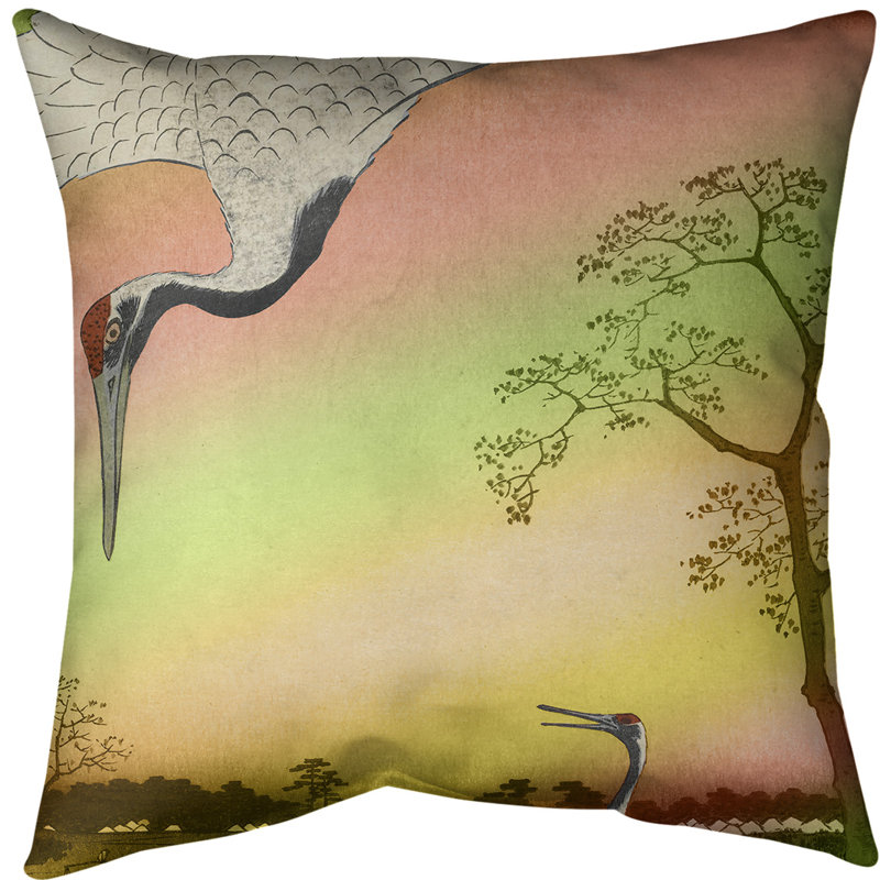 Housse de coussin en jeté japonaise grues, 14 po x 14 po, Rouge / dégradé vert, Sergé de coton