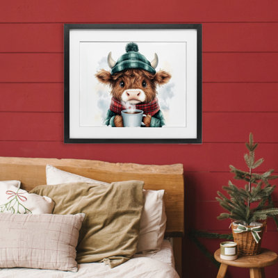 Cozy Hot Chocolate Cow Framed Print Under Glass, design by Whimsical Wonders