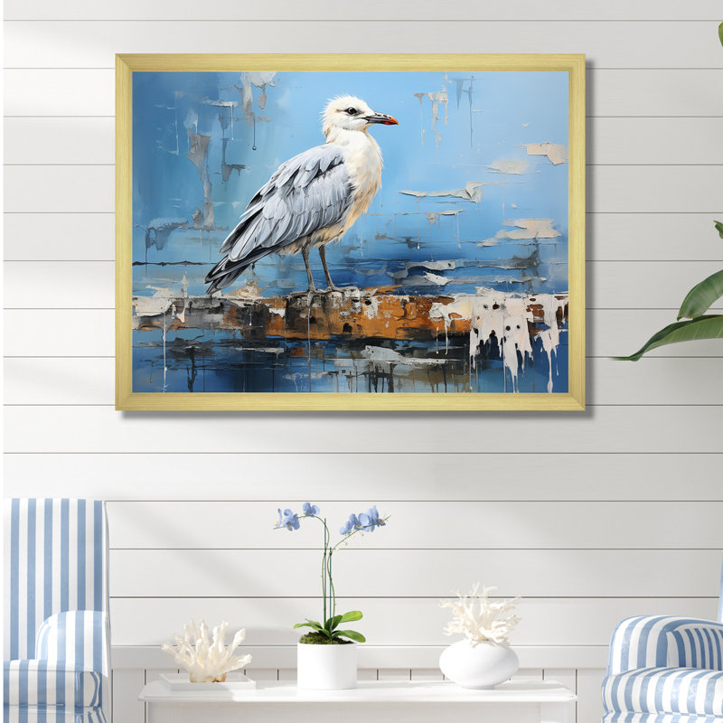 " White And Blue Seagull Tranquility ", Black Picture Framed, 30" H x 40" W