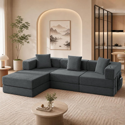 Canapé modulaire modulaire, canapé en velours côtelé en L de 108 po avec assise profonde, coussin nu désossé, canapé-lit modulaire à structure fixe pour le salon, sans assemblage requis (blanc)