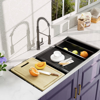 All In One  33X19inch Undermount Gunmetal Black Double Bowl  Kitchen Sink 18 Guage Stainless Steel With Faucet