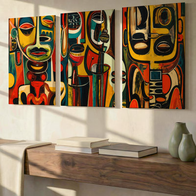 3 Pieces Exculisive Colorful Modernist Cubist Faces Panoramic Wall Art, Modern Canvas Decor for Living Room, Bedroom, Office and Home, Ready to Hang