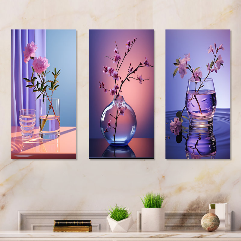 Violet Vase visionnaire Tranquility - ensemble de 3 fleurs murales en métal, H 28 po x l 36 po