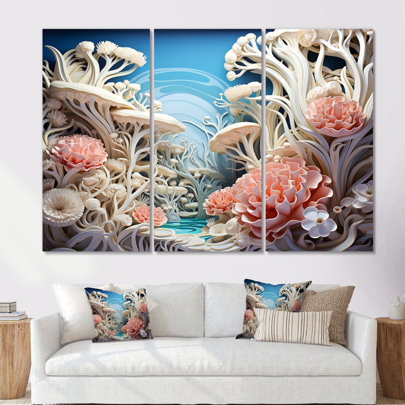 «Coral Sea Anemon Collage», ensemble d'art mural corail sous l'eau, Toile tendue, H 40 po x l 60 po x P 1 po