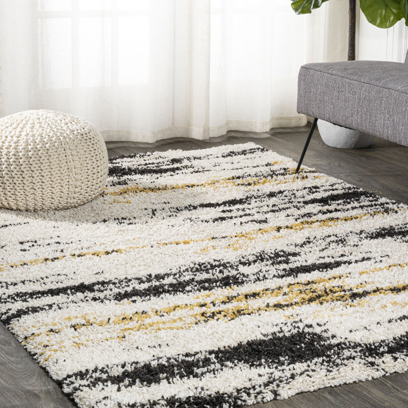Jubei Modern Bold Strie' Shag Beige/Black/Yellow Rug, Rectangle 4' x 6'